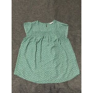 Q&A Women's Small Blouse Green Polka Dot Cap Sleeve Pleated T50142-B